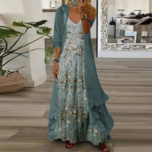 🎁Limited time 49% OFF⏳Ditsy Maxi Dress With Thin Jacket Two Piece Outfits