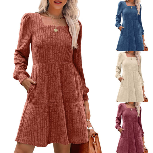 🍂🍁💃2025  Autumn  New Style 62% OFF⏰Women's Square Neck Lantern Sleeve Ribbed Dress|Glow in  Autumn  Elegance!❄️💃