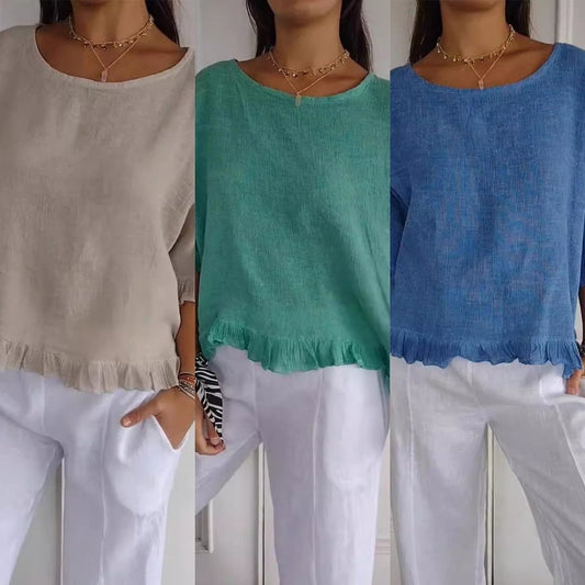 🎁Limited time 49% OFF⏳🎁Round Neck Ruffled Hem Mid-sleeve Cotton Top