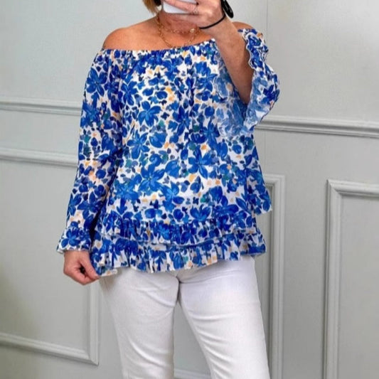 🔥Hot Sale 50% OFF💝✨Printed One-Shoulder Chiffon Long Sleeve Women's Chiffon Shirt