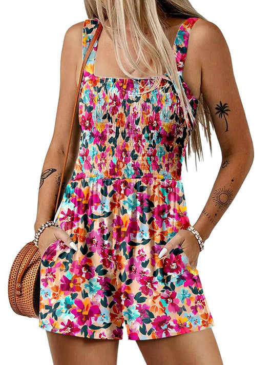 🏝️LAST DAY SALE 50% OFF💃Women's Summer Square Neck Sleeveless Loose Casual Short Smocked Romper