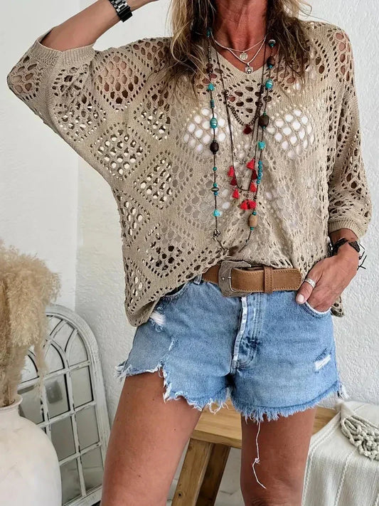 🔥💐SPRING DAY SALE - ONLY £15.99!!⚡50K+ SOLD!✨Womens Bohemian-Inspired Beige Crochet Top with V-Neck
