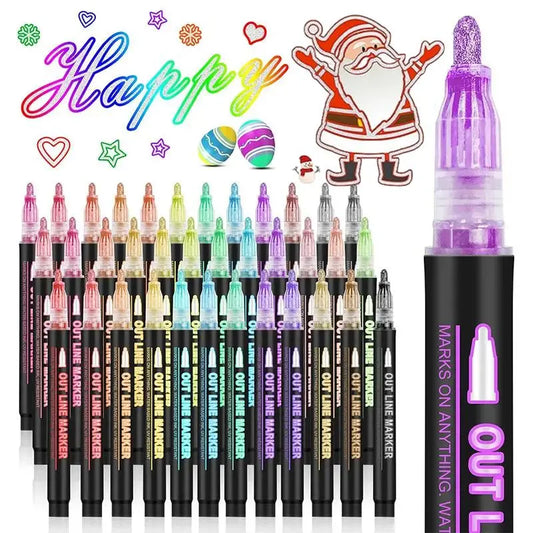 🎅Gift idea 49% OFF⚡50K+ SOLD!🎁Double Outline Glitter Coloring Pen Set