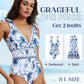 💥 Special Sale 49% OFF💥 V Neck Lace Up Printed One Piece Swimsuit and Skirt