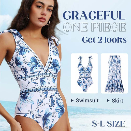 💥 Special Sale 49% OFF💥 V Neck Lace Up Printed One Piece Swimsuit and Skirt