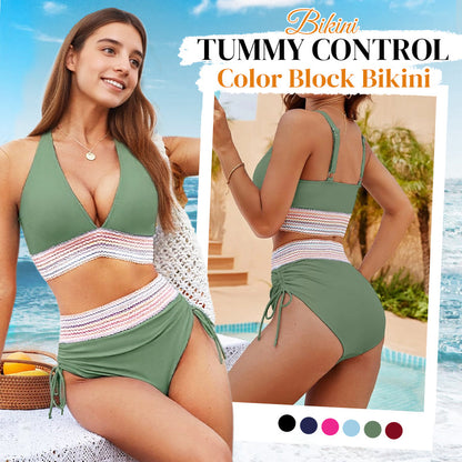🔥Last Day Special Price £12.99!!💥-👙High Waisted Tummy Control Color Block Bikini Sets