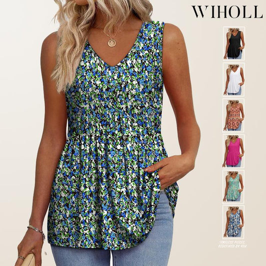 🌞HOT SALE 49% OFF👚Women's Print Flowy Sleeveless V Neck Peplum Tank Tops