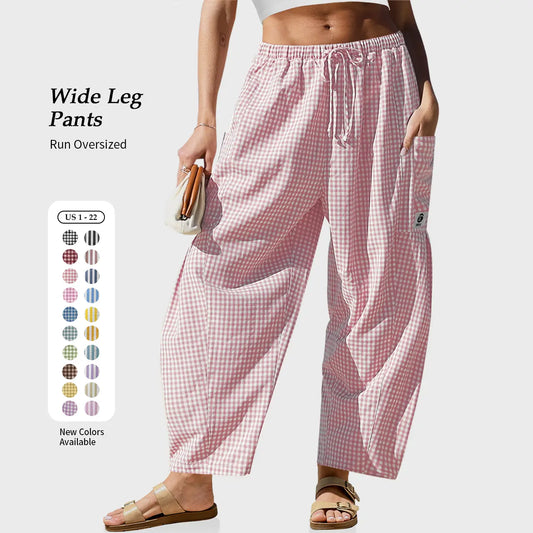 ⏰2026 Summer Hot Sale 50% OFF 🌊✨Women's Wide Leg Gingham Striped Plaid Pants🏖️-Casual Barrel Loose Drawstring Pants with Pockets☀️