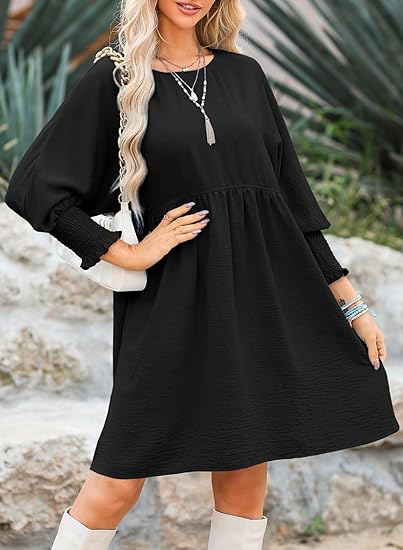🌷Summer Hot Sale 50% Off💕Round Neck Short Sleeve Smocked Tunic Dress with 3/4 Sleeves