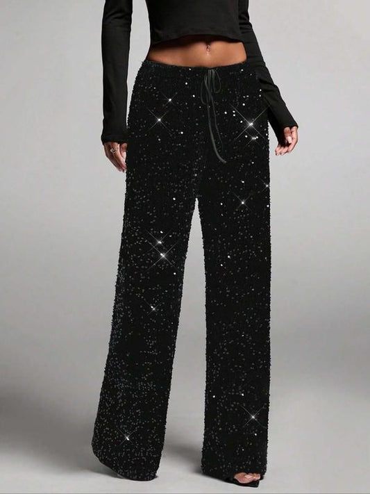 💖LAST DAY SALE 60% OFF🥰Women's Sequin Sparkle Wide Leg Pants with Elastic Waistband