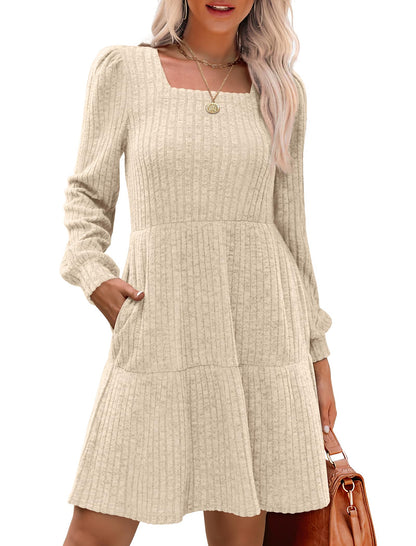 🍂🍁💃2025  Autumn  New Style 62% OFF⏰Women's Square Neck Lantern Sleeve Ribbed Dress|Glow in  Autumn  Elegance!❄️💃