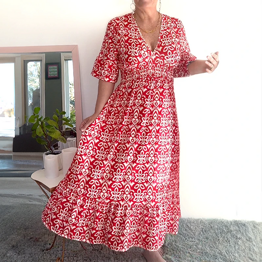 💥Limited time special price ￡13.99!⏱️Bohemian casual print V-neck waist wrap long dress