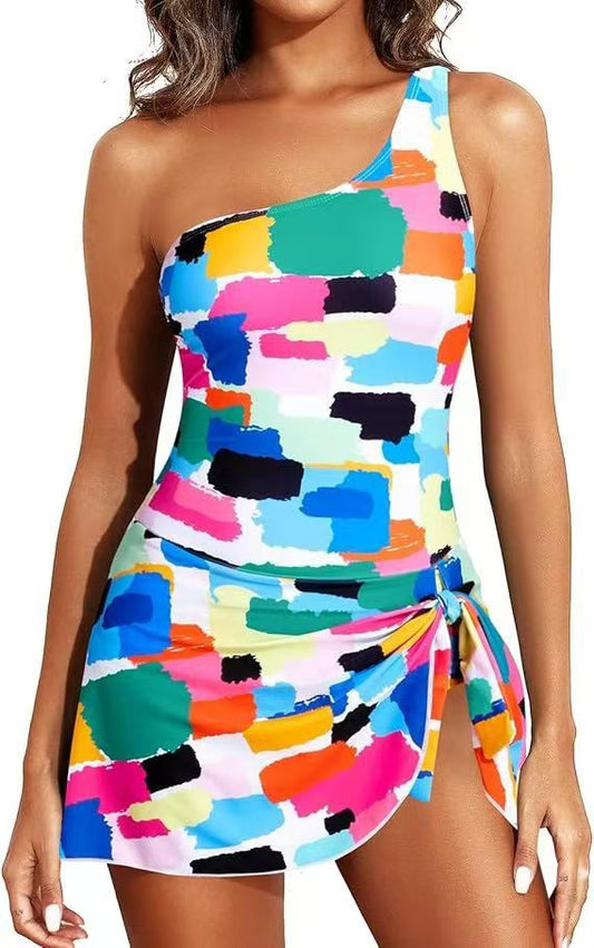 💥LAST DAY SALE 60% OFF🏖️🩱Women One Piece Swim Dress One Shoulder Swimsuit With Skirt