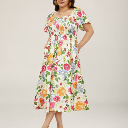 ⏰⏰Summer Hot Sale 70% OFF💃Floral Smocked Square Neck Midi Dress with Pockets