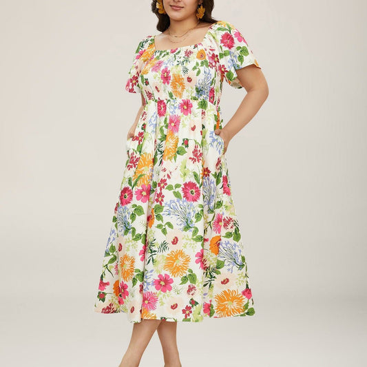 ⏰Summer Hot Sale 70% OFF💃Floral Smocked Square Neck Midi Dress with Pockets