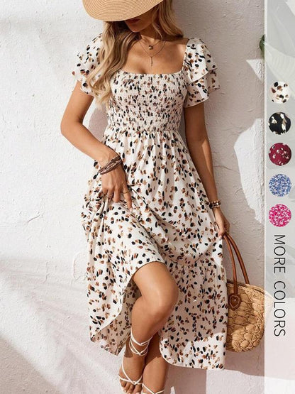 🤩2026 Summer Hot Sale 50% OFF!💖Square Neck Floral Midi Dress – Smocked Bodice, Flowy Tiered Skirt, Romantic