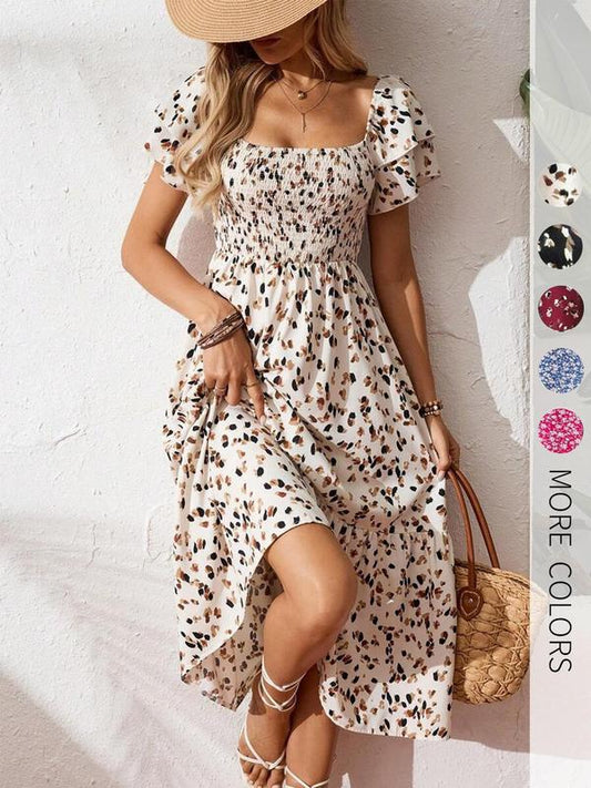 🤩2026 Summer Hot Sale 50% OFF!💖Square Neck Floral Midi Dress – Smocked Bodice, Flowy Tiered Skirt, Romantic