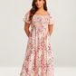 ⏰⏰Summer Hot Sale 70% OFF💃Floral Smocked Square Neck Midi Dress with Pockets