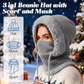 🎉This Week's Special Sales - ￡10.99！！✨Women 3-in-1 Knitted Balaclava Hat, Fleece Lined Warm Hood Beanie with Scarf & Face Mask, Pom Pom Winter Hat for Outdoor Skiing🧣