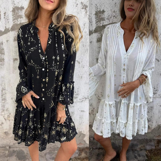 💃2025 New Arrival Pre-Sale✨Women's Geometric Print Comfortable V-Neck Midi-Dress