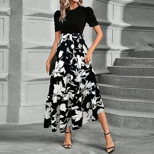 🌸 Spring Sale 49% OFF🌸 Women's Summer Dress High Waist Short Sleeve Round Neck Floral