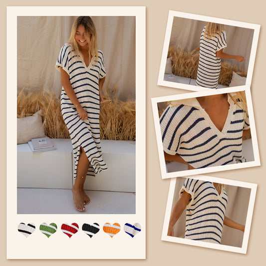 ⏰Early Autumn Sales 50% OFF🔥Women's V-Neck Striped Split Lapel Long Sweater Dress