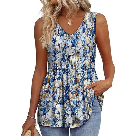🌞HOT SALE 50% OFF👚Women's Print Flowy Sleeveless V Neck Peplum Tank Tops