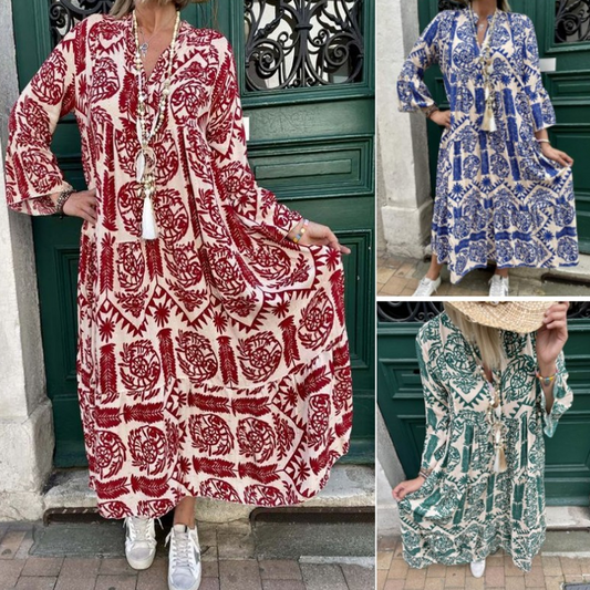 🔥Last Day Promotion 50% OFF🔥🔥✨Women's Printed V-Neck Pleated Dress