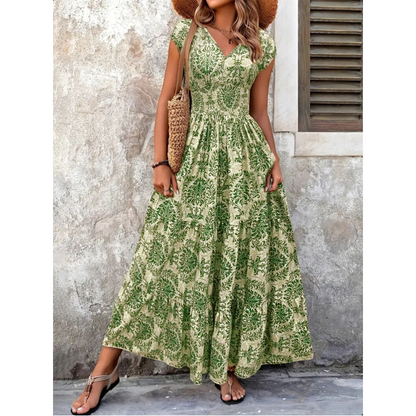 🏖️Summer Cool Deal: 49% OFF!!💃Women’s V-Neck Smocked Floral Maxi Dress – Lightweight Cotton Blend, Summer Essential
