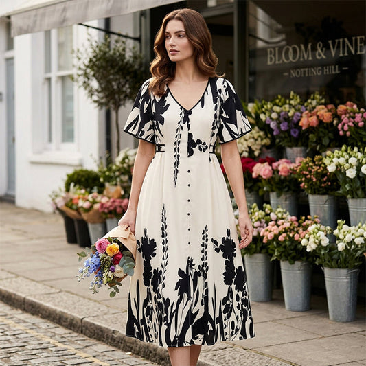 🎁New arrival 50% OFF💥Soft Botanical Print V-Neck Midi Dress – Elegant, Lightweight & All-Match