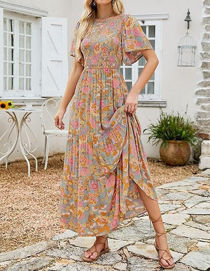 🌷Early Summer Sale-70% Off🌸2026 Women's Casual Floral Print Short Flutter Sleeve Smocked High Waist Flowy Maxi Dress
