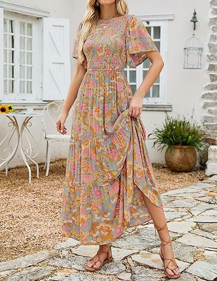 🌷Early Summer Sale-70% Off🌸2026 Women's Casual Floral Print Short Flutter Sleeve Smocked High Waist Flowy Maxi Dress
