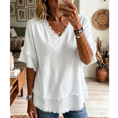 💖LAST DAY SALE ONLY￡11.99!!💖Women's Boho V-Neck T-Shirt with Frayed Edges 🌿 – Loose Fit, Breathable Summer Top in Soft Cotton👚
