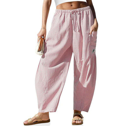 ⏰2026 Summer Hot Sale 50% OFF 🌊✨Women's Wide Leg Gingham Striped Plaid Pants🏖️-Casual Barrel Loose Drawstring Pants with Pockets☀️