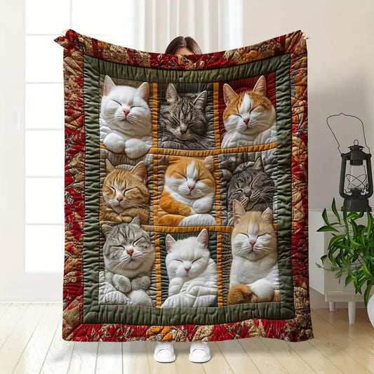 🎁LAST DAY SALE 50% OFF!  🐱💤 Cozy 9‑Panel Sleeping Cats Blanket – Ultra‑Soft Flannel, Reversible Design, Perfect for Sofa, Bed & Travel 🌙✨