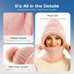 🎉This Week's Special Sales - ￡10.99！！✨Women 3-in-1 Knitted Balaclava Hat, Fleece Lined Warm Hood Beanie with Scarf & Face Mask, Pom Pom Winter Hat for Outdoor Skiing🧣
