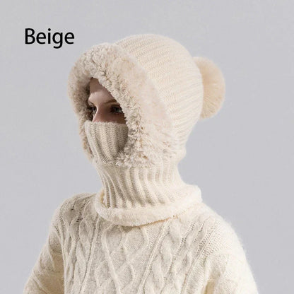 🎉This Week's Special Sales - ￡10.99！！✨Women 3-in-1 Knitted Balaclava Hat, Fleece Lined Warm Hood Beanie with Scarf & Face Mask, Pom Pom Winter Hat for Outdoor Skiing🧣