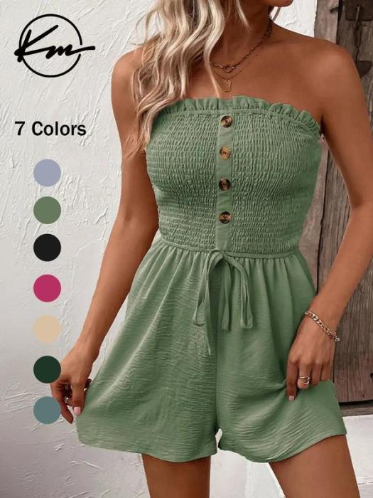 🎉Last Day Promotion 50% OFF💃Women's Fake Buttons Frill Trim Shirred Tie Front Wide Leg Tube Romper